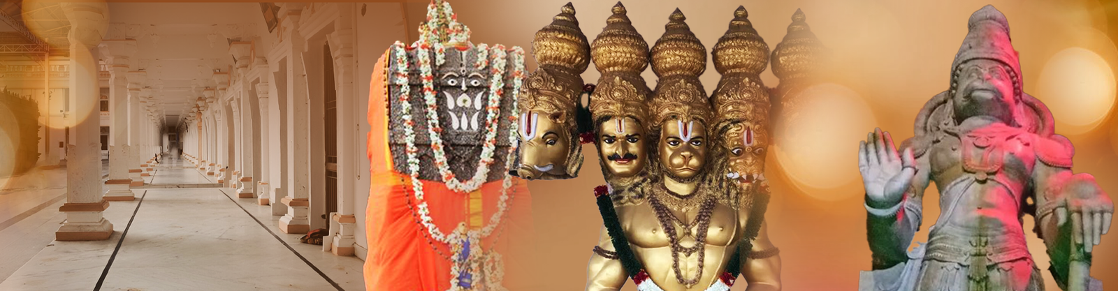 The image appears to be a composite photograph featuring religious statues and a temple interior associated with Vasavi Home Stay in Mantralayam, India.