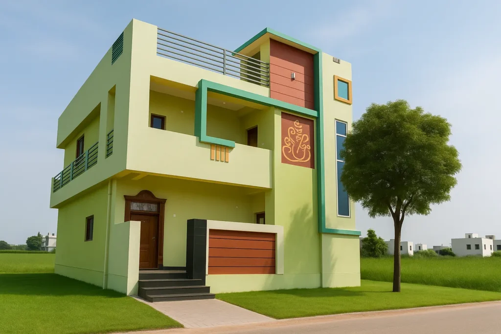 This image displays a modern, two-story house with a distinct color scheme and architectural features, likely an example of a residential elevation design.