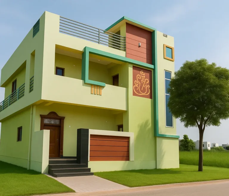 This image displays a modern, two-story house with a distinct color scheme and architectural features, likely an example of a residential elevation design.