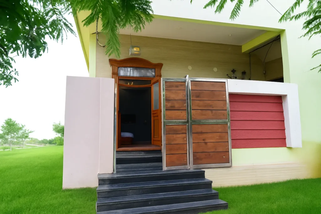 A house is showing infront with a main door.