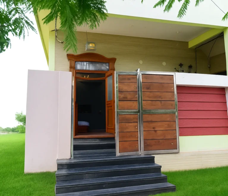 A house is showing infront with a main door.